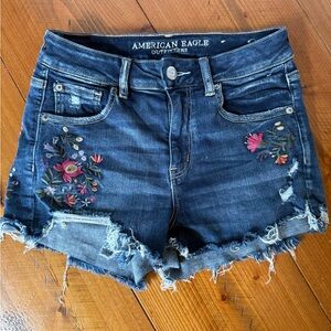 American Eagle Outfitters Blue Jean Shorts with Distressed Floral Design